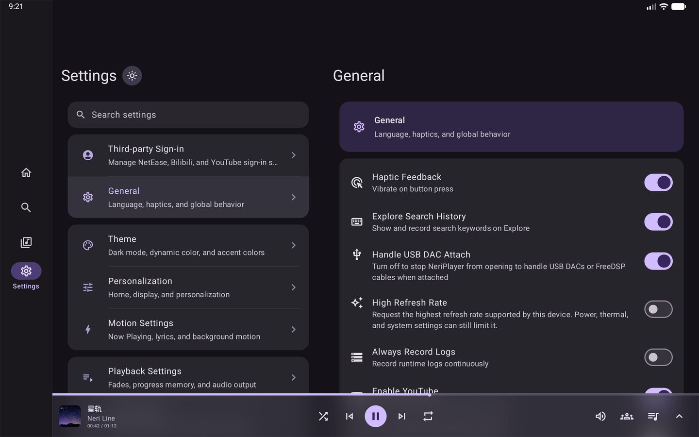 Tablet settings in landscape: grouped list and search on the left, “General” details on the right